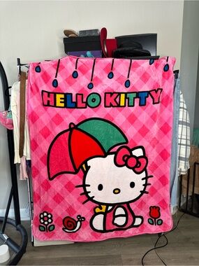 Hello Kitty Pink Multicolor Umbrella Plush Throw Blanket